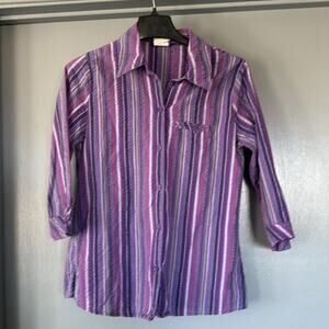 Southern Lady Purple Stripe Seersucker Women's Button Top 3/4  Sleeves sz S